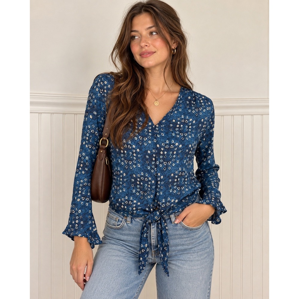 APNY Blue White Geometric Print Long Sleeve V-Neck Tie Front Blouse